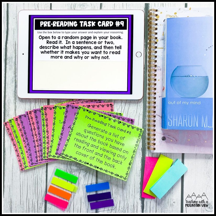 Download a free pre-reading task cards mini-set for novel study in upper elementary. These are great for activating schema and getting students ready to read.