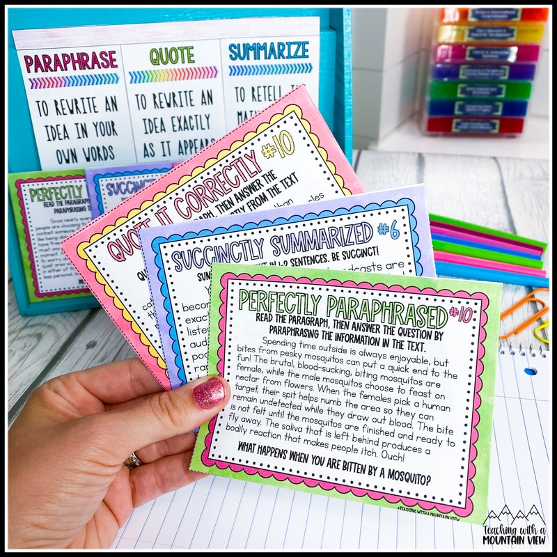 Easy ways to teach students Summarizing, Paraphrasing, and Quoting Texts 7 NEW Paraphrase Quote Summarize Task CardsIMG 1200 7150695 7150646 7150641 7150664