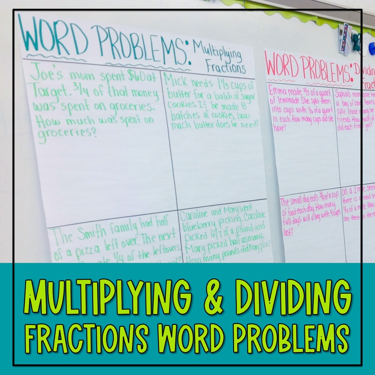 This post includes anchor charts and practice activities for multiplying and dividing fractions word problems in upper elementary.