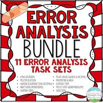 upper elementary digital distance learning google slides error analysis task cards Addition Subtraction Multiplication Division Adding and Subtracting Decimals Whole Number Place Value Decimal Place Value Fraction Operations Multi-Step Word Problems Perimeter and Area Elapsed Time