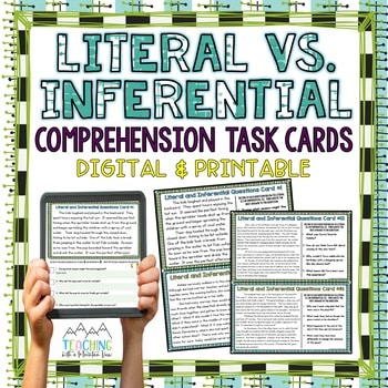 upper elementary digital distance learning Literal Vs. Inferential Comprehension task cards google slides