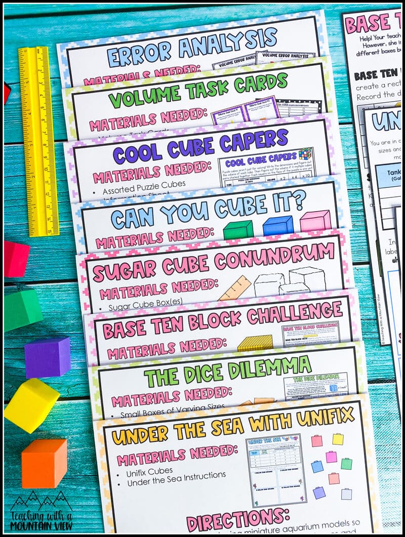 Free fifth grade centers, anchor chart, interactive notebook, and printable activities for teaching volume in upper elementary.