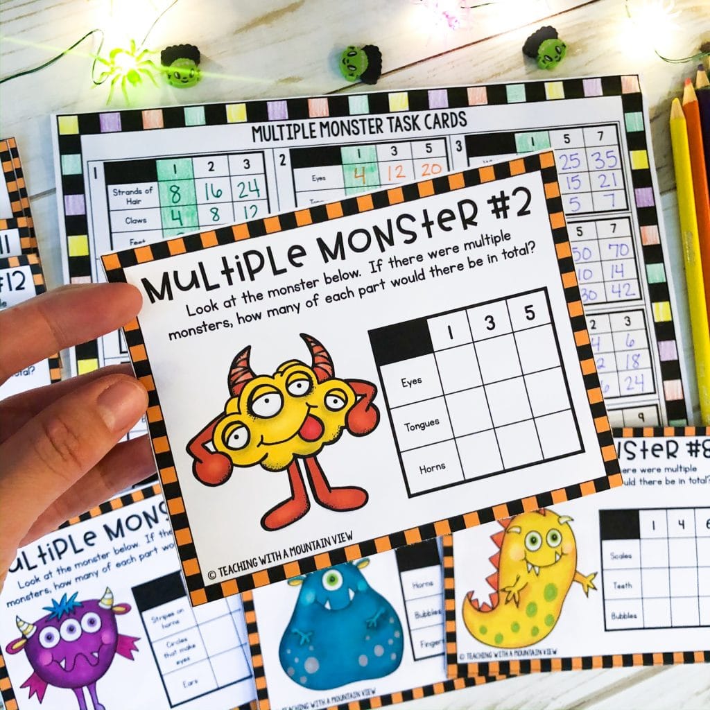 free multiple monster task cards for upper elementary Halloween math