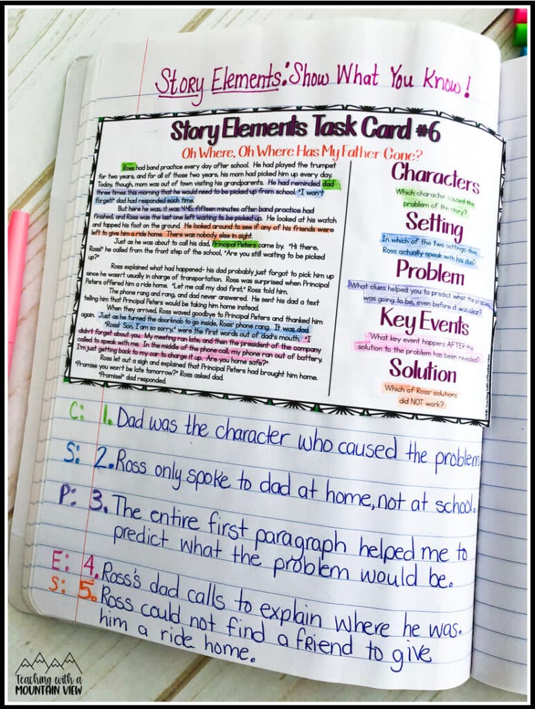 story elements task card journal activity