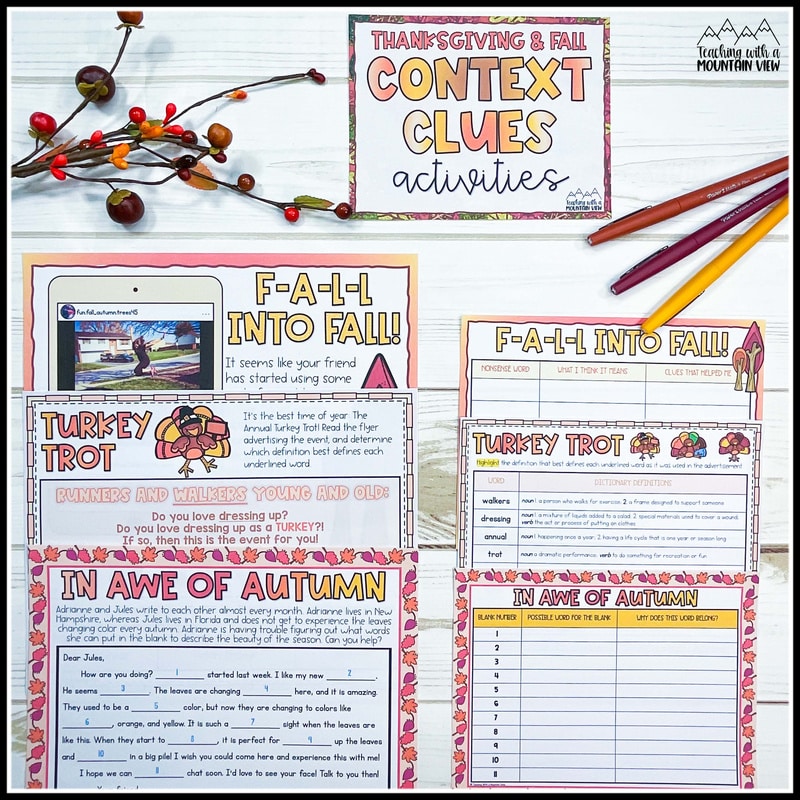Thanksgiving context clues activity or centers for upper elementary