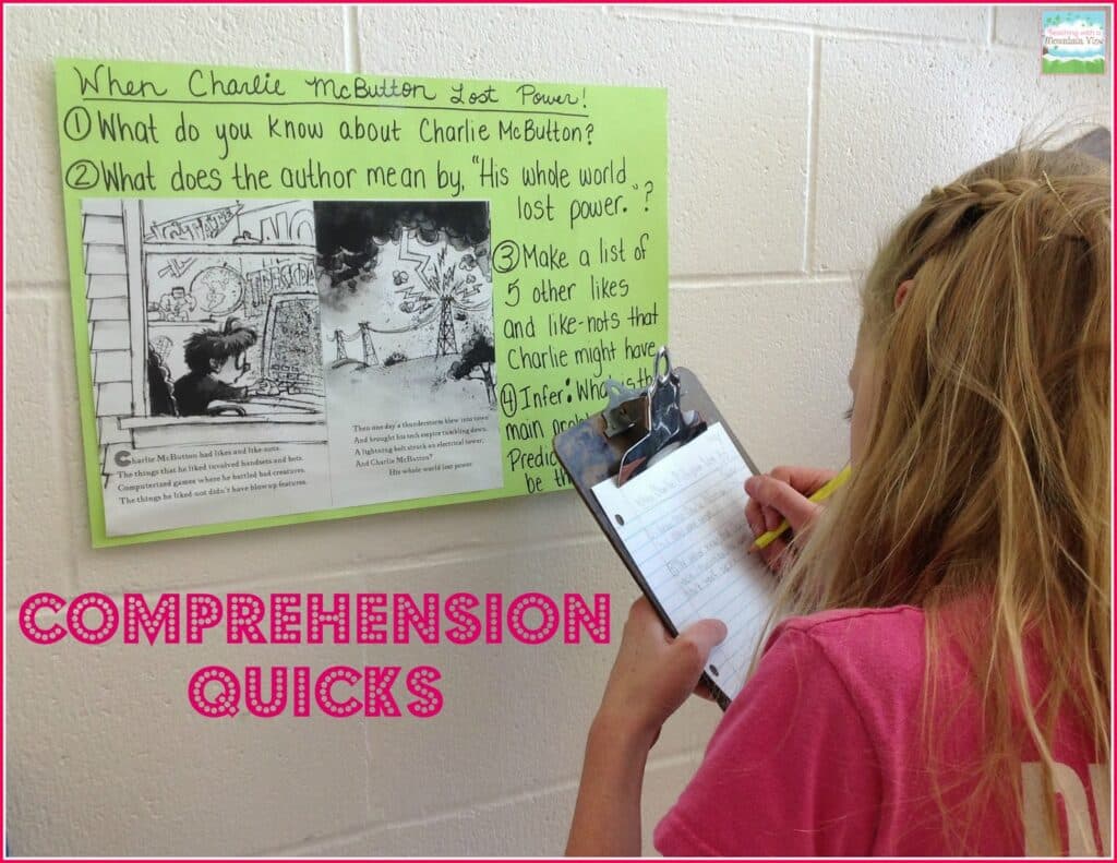 You can practice comprehension skills with interactive practice using this quick comprehension review activity. I copied the first page of each book and wrote 3-5 comprehension questions (both literal and inferential) about the first page. I taped them up all over the hall, and the kids walked around with clipboards answering the questions.