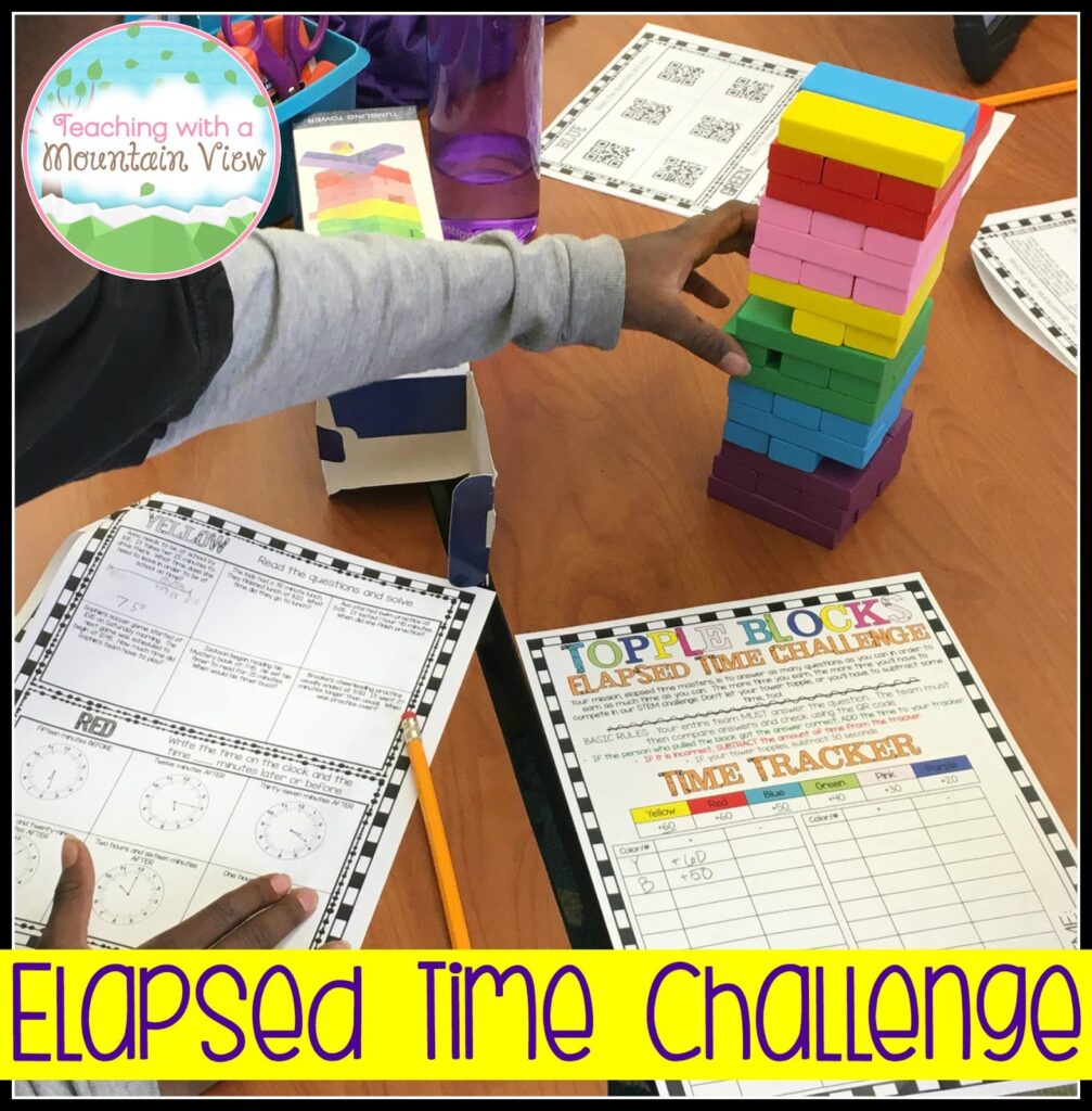 Elapsed Time Topple Blocks: This Jenga-style game is always a hit. Students stack colorful blocks after answering math questions to unlock their turn.