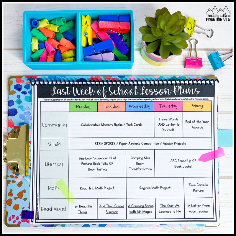 Last week of school lesson plans for upper elementary. Includes fun, engaging, and academic ideas to end the school year.