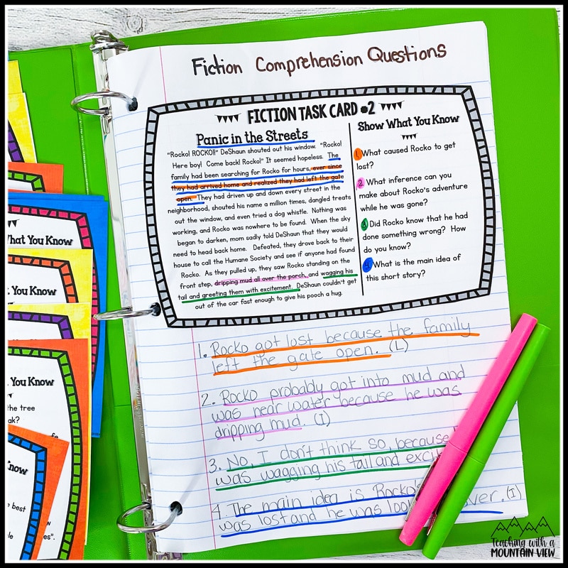 fiction comprehension task cards