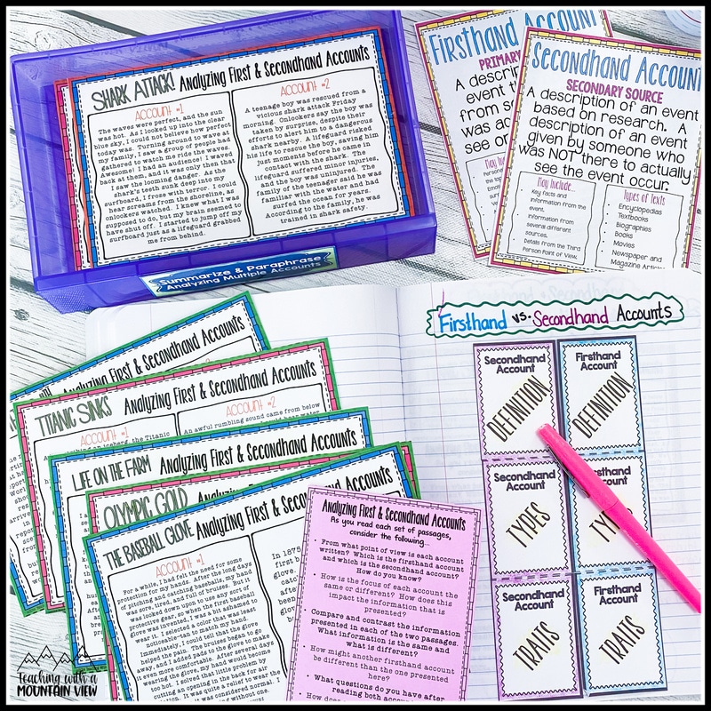 Teach students to analyze firsthand and secondhand accounts with this anchor chart, interactive notebook template, and task cards.
