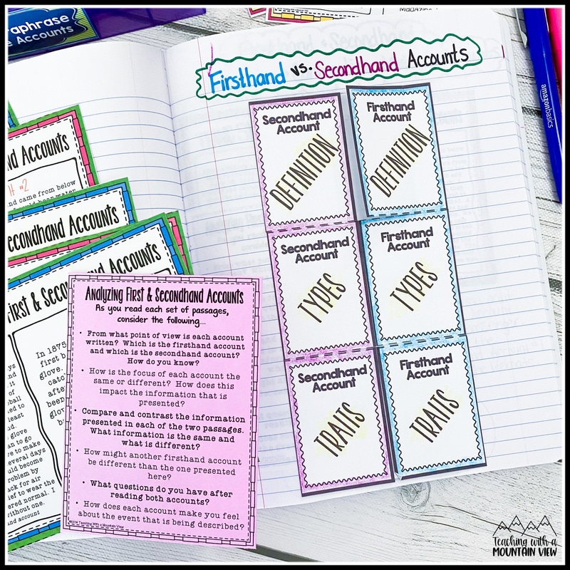 Teach students to analyze firsthand and secondhand accounts with this anchor chart, interactive notebook template, and task cards.