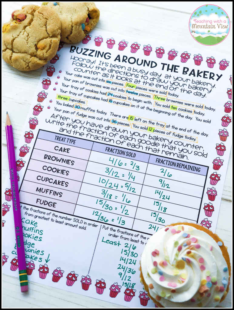FREE ordering fractions practice activity with a bakery theme