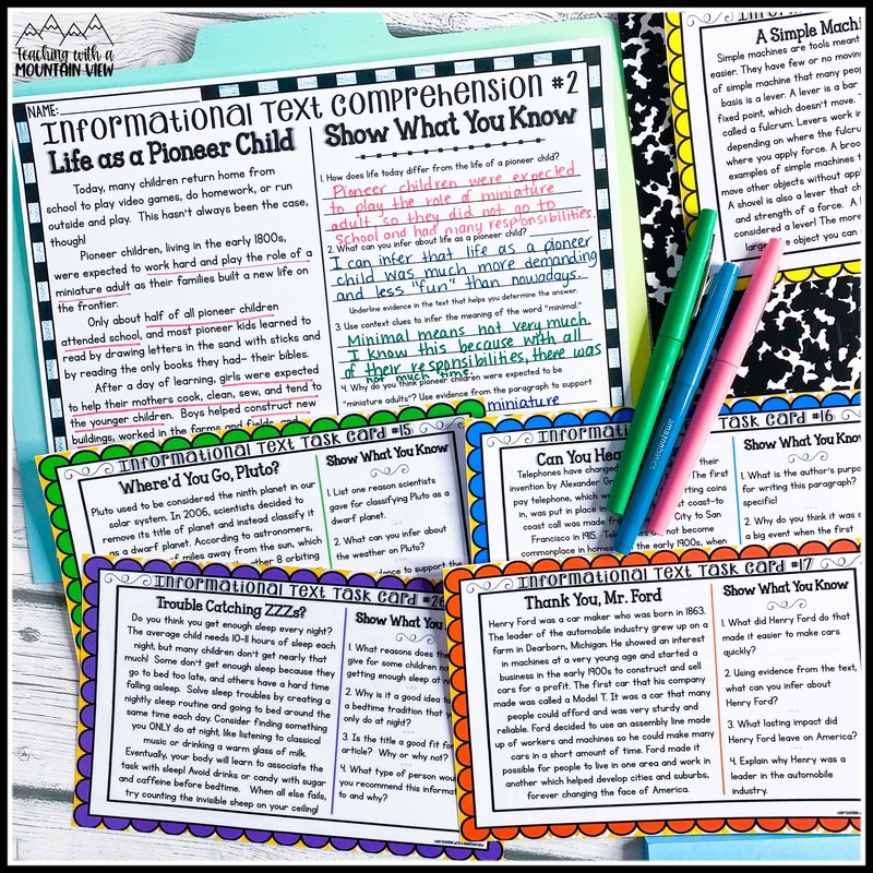 informational text comprehension task cards