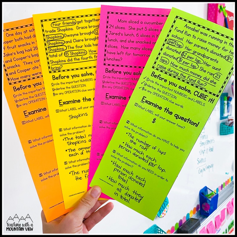 This is ​THE resource you need when teaching your students to tackle tricky multi-step word problems​! This bundle includes 60 multi-step word problem brochures to help your students MASTER multi-step word problems in a fun and impactful brochure format. Each problem has 2-3 guiding questions to help your students approach multi-step problems in a step-by-step format. Just print each brochure, fold down the middle, and snip two or three times to split up your steps. Then you're ready to tackle multi-step word problems using the CUBE method one step at a time.