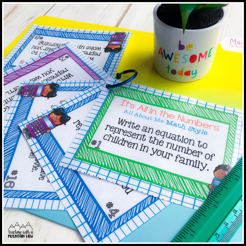  I use this FREE Math About Me resource every year! I have students use the last recording sheet and write their answers in the box, then cover the answer with a small sticky note and write the equation on it. This is always the first piece of work I hang on their tessellations!