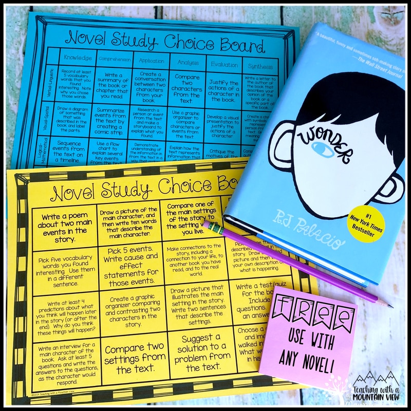 free novel study choice boards to go with your 3rd grade novel study books