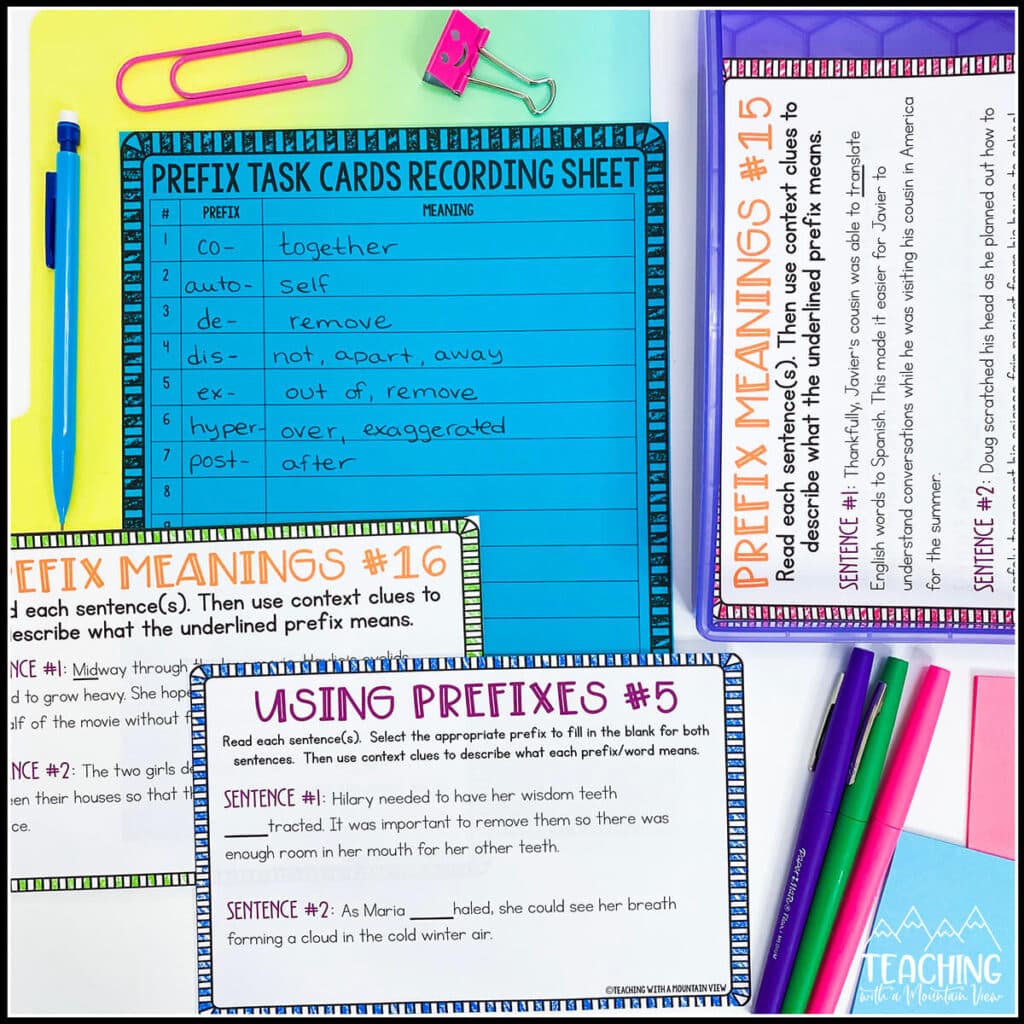 prefix task cards upper elementary grammar
