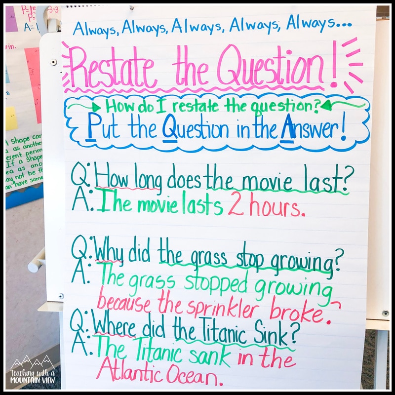 anchor chart for restate the question, PQA, or Put the Question in the Answer