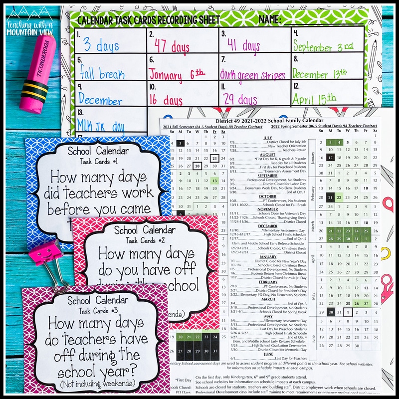 free back to school math task cards calendar activity