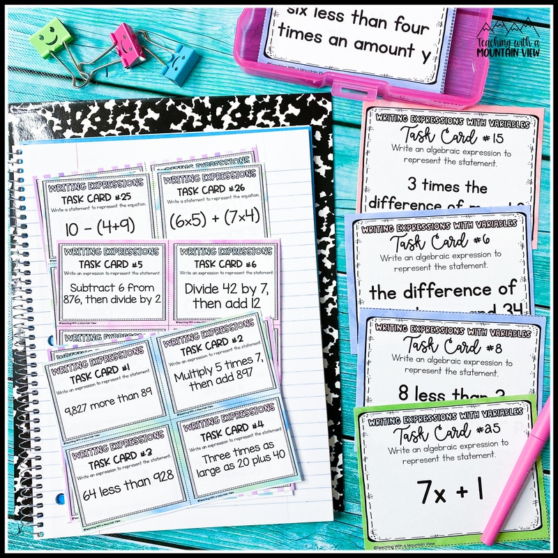 writing & interpreting expressions task cards for upper elementary students