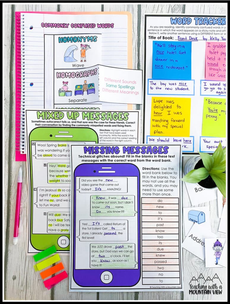Free anchor charts, interactive notebook pages, and activities to teach commonly confused words in upper elementary.