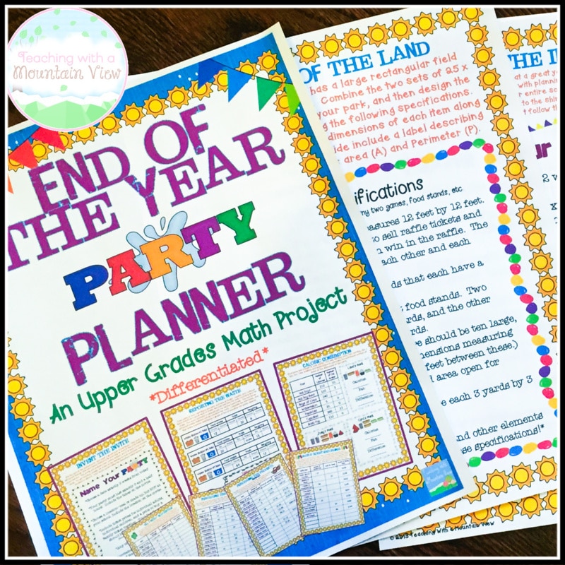 end of the year party planner math activity