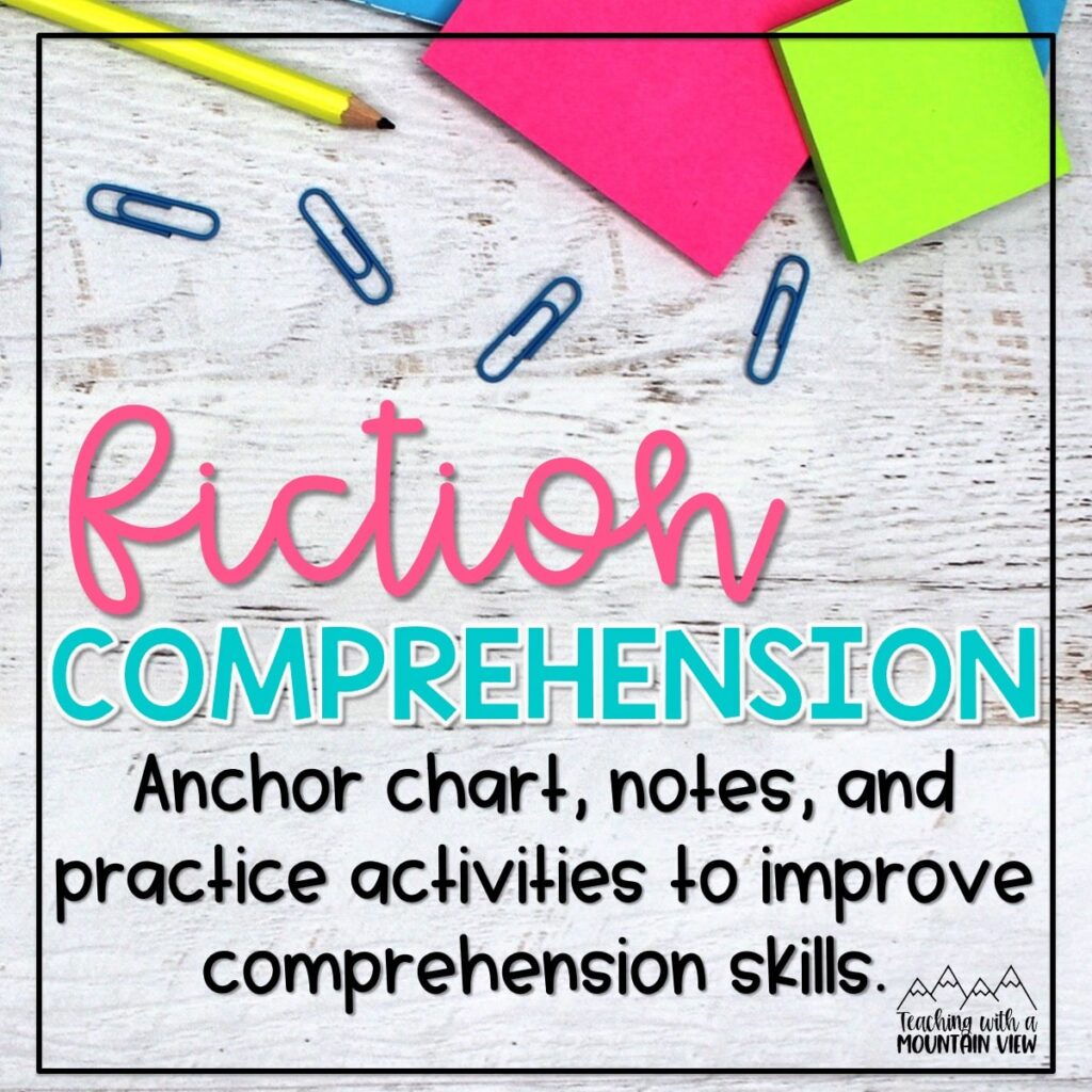 Fiction comprehension anchor charts, foldable notes, and practice activities for upper elementary. Includes book list and questions too!