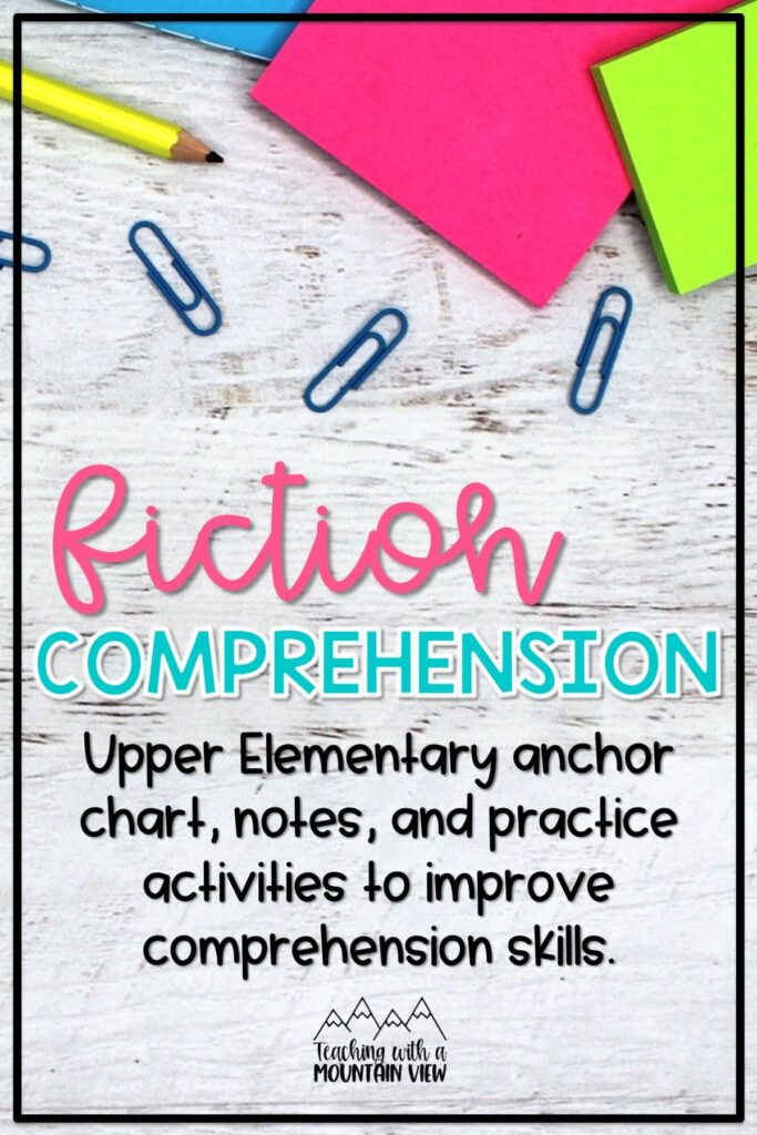 Fiction comprehension anchor charts, foldable notes, and practice activities for upper elementary. Includes book list and questions too!