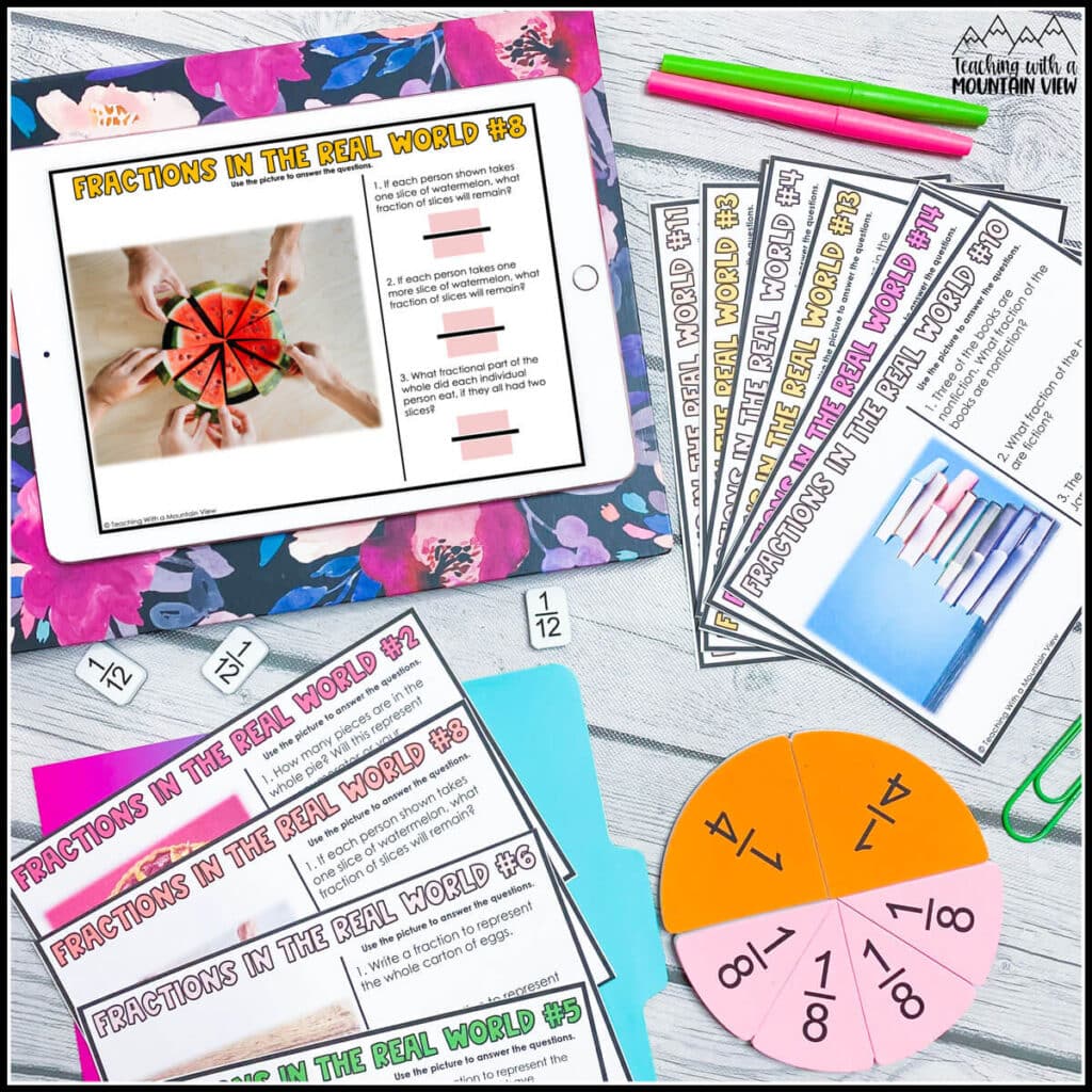 free teaching fractions task cards digital printable upper elementary
