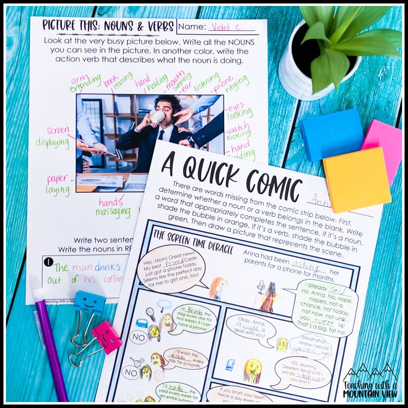 free nouns and verbs activity comic