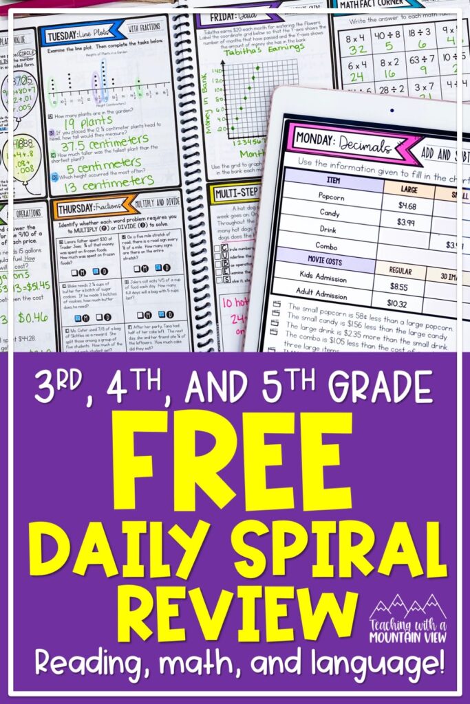 Download free Skill of the Day weeks for spiral review in reading, math, and language from Teaching with a Mountain View.
