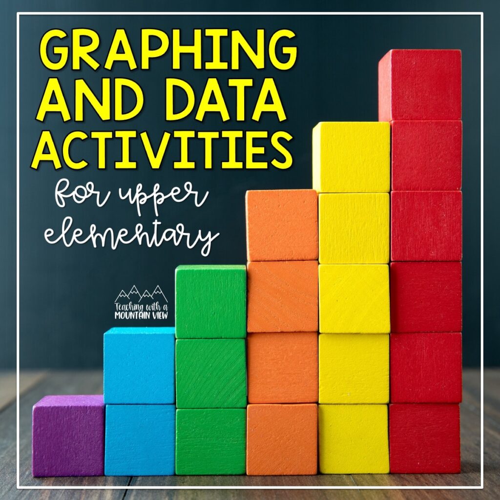 Lessons and practice activities for teaching data and graphing skills in upper elementary. Includes anchor charts, task cards, and free quiz.