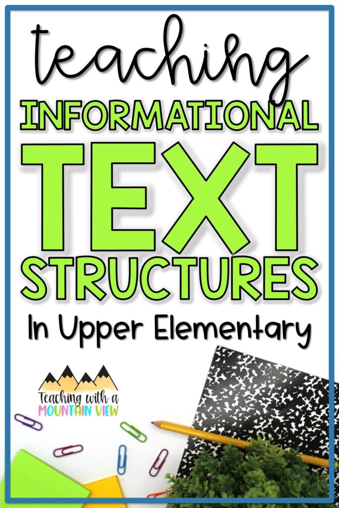 Upper elementary ideas for teaching informational text structures with anchor chart, interactive notebooks, task cards, assessments and more.