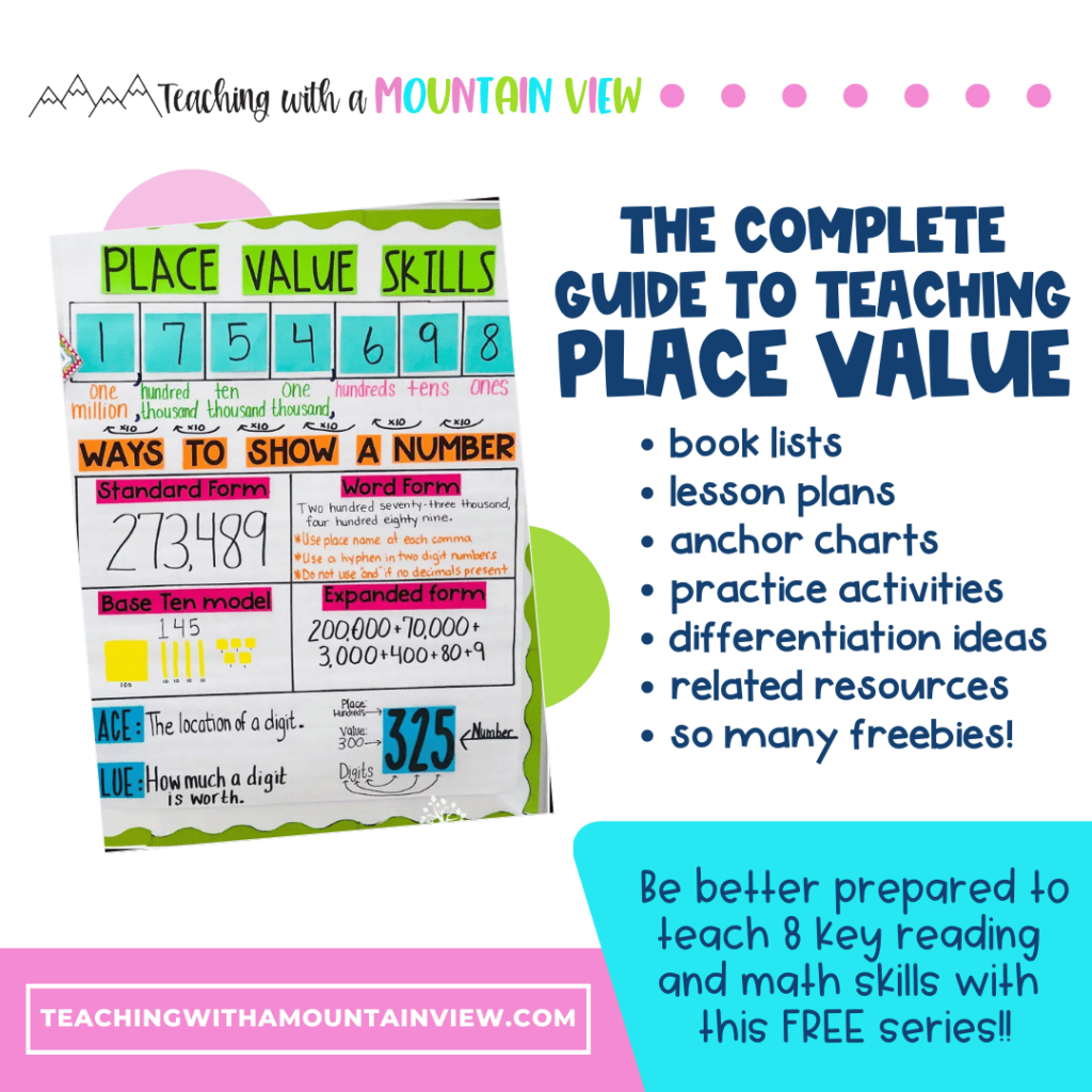 This FREE place value guide includes a ton of ideas, place value lessons, essential skills, book list, free activities, and more!