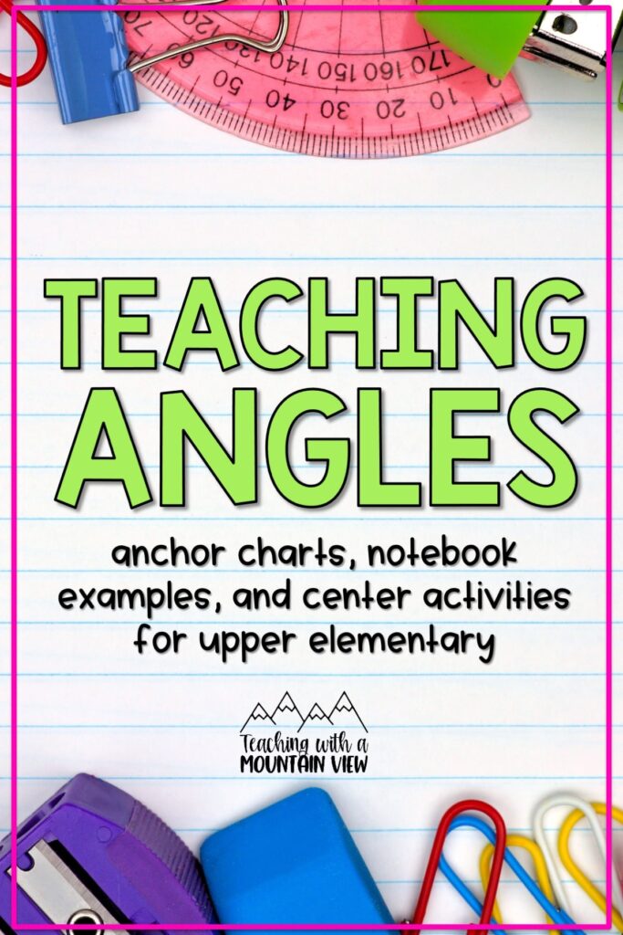 Anchor charts, notebooks, and activities for teaching angles in upper elementary. Includes task cards, games, and more too!