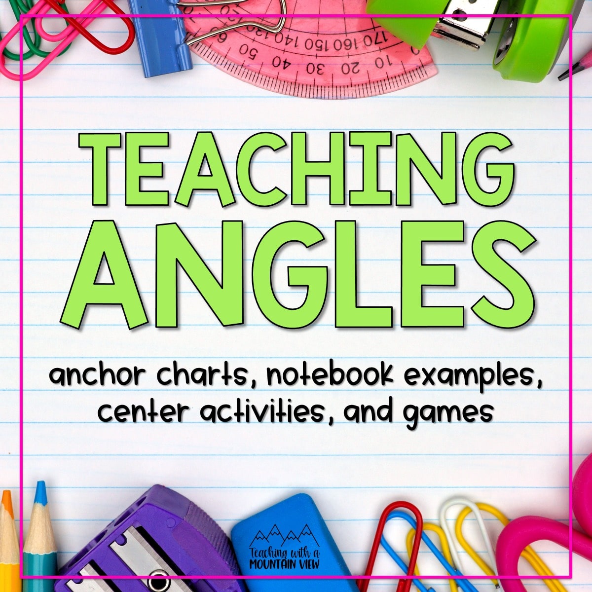 Anchor charts, notebooks, and activities for teaching angles in upper elementary. Includes task cards, games, and more too!