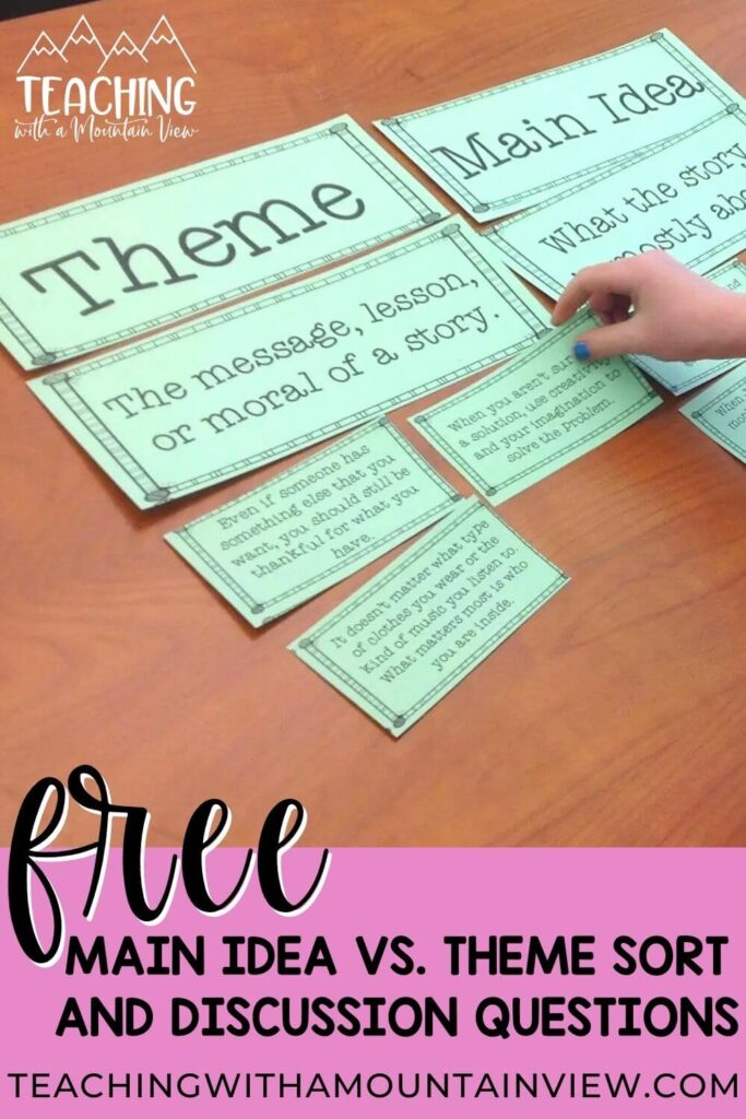 Upper elementary tips and resources for teaching main idea vs. theme. Includes anchor charts, sorts, and discussion questions.