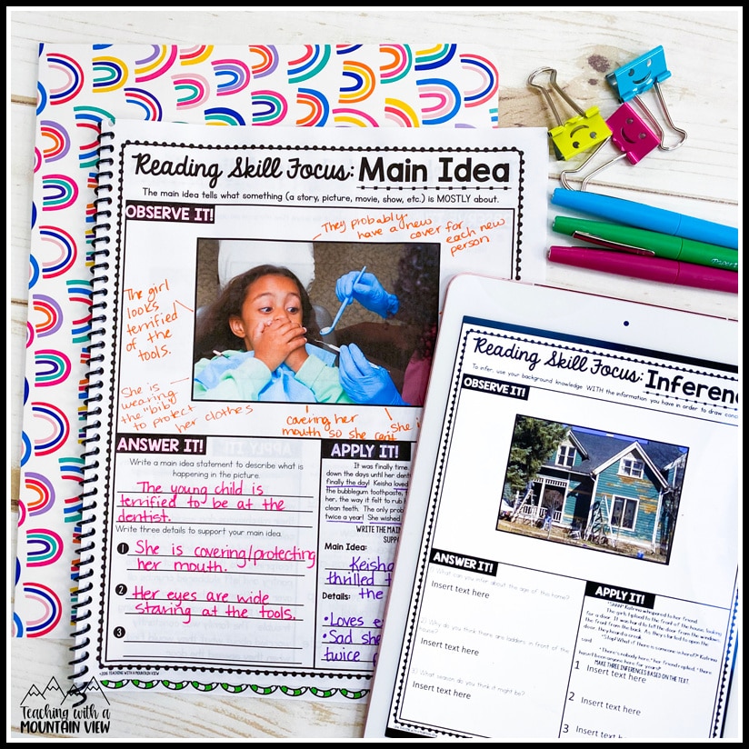 With these 90 printable and digital pages, students will have the opportunity to observe a picture and make inferences, ask questions, make predictions, etc., practice a wide variety of reading skills based on the picture, and apply the reading skill to a short passage.