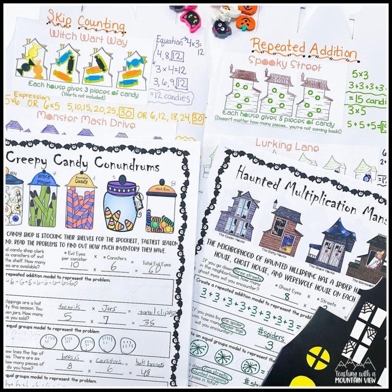 Halloween math activities for multiplication haunted houses