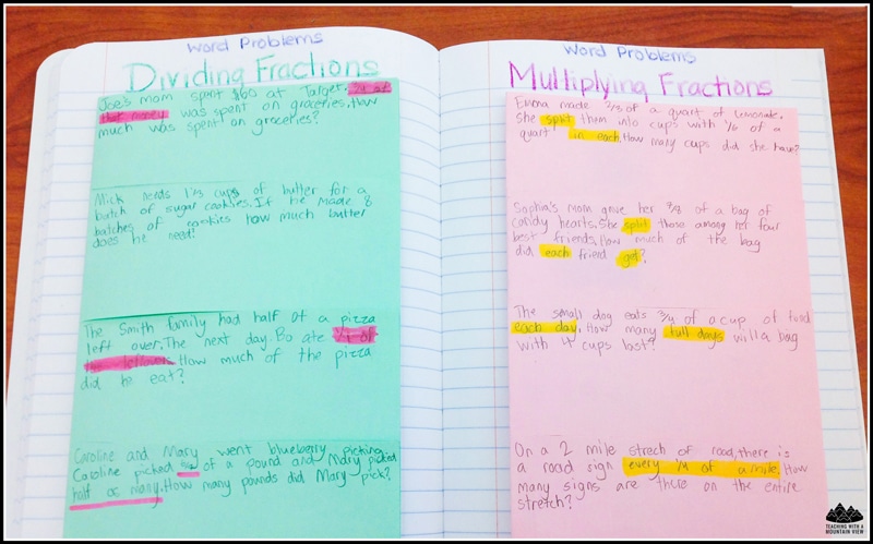 multiplying and dividing fractions word problems notebook pages