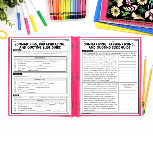 Summarizing Paraphrasing and Quoting Reading Lesson Printable Mock Up