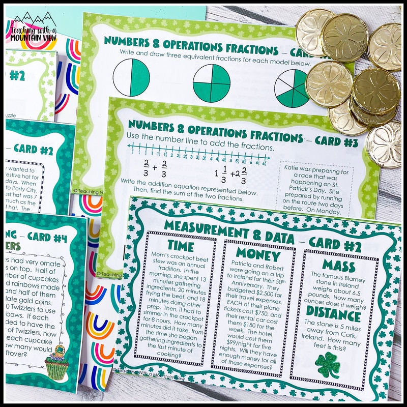 St. Patrick's Day activities for math centers: math task cards