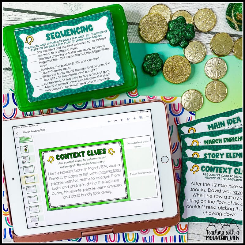 St. Patrick's Day activities for literacy centers: reading skills task cards