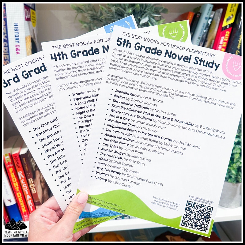 Download lists with the best upper elementary books and free printable bookmarks with reading response questions to share with families throughout the year.