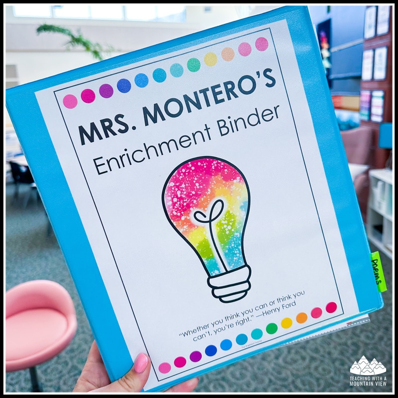  provide each of my pullout students with an enrichment binder that they use in their general education classroom. This is a perfect resource for gifted students to use as an early finisher task or anytime their general education teacher needs ideas for help meeting their unique needs. 