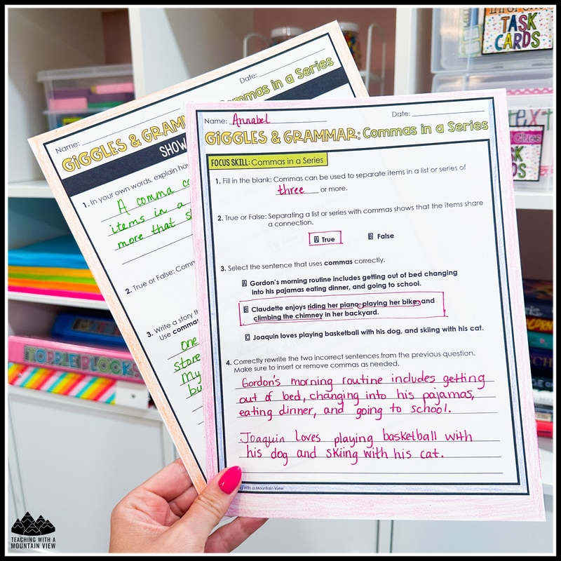 The Giggles and Grammar Assessments include two assessments per concept. These are the perfect tool for pre-tests and summative assessments of each concept. You can also use one of the pages as homework or morning work!