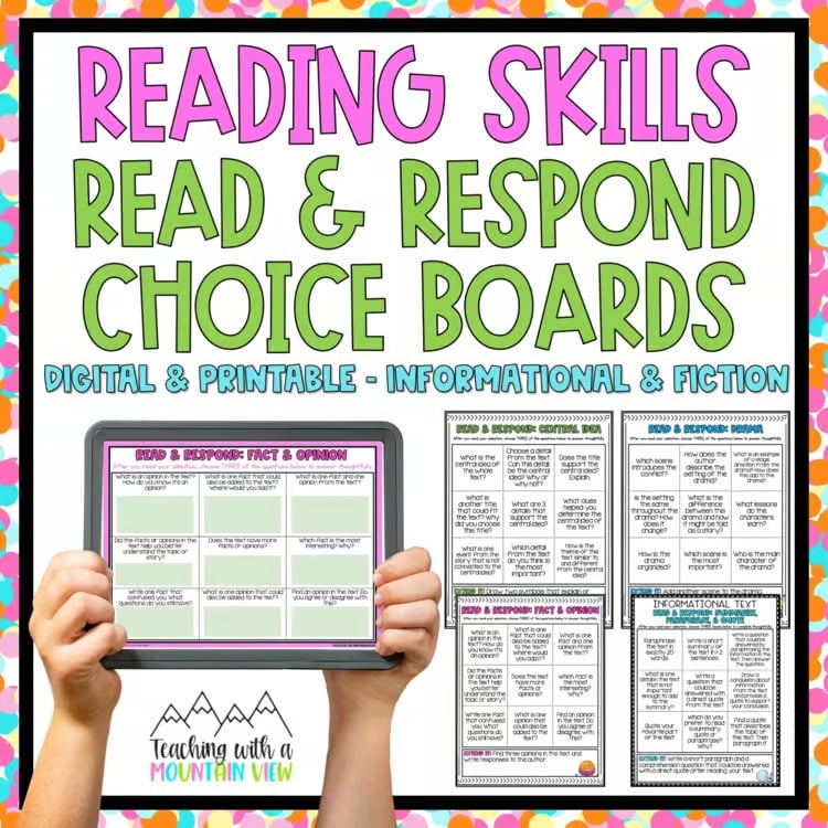 Reading Skills Read and Respond Choice Boards