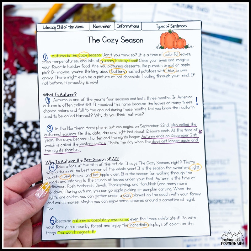 These November Literacy lessonsa feature five unique, thoughtfully written passages (a mix of fiction and nonfiction) that weave in seasonal themes while targeting key reading and language skills. 