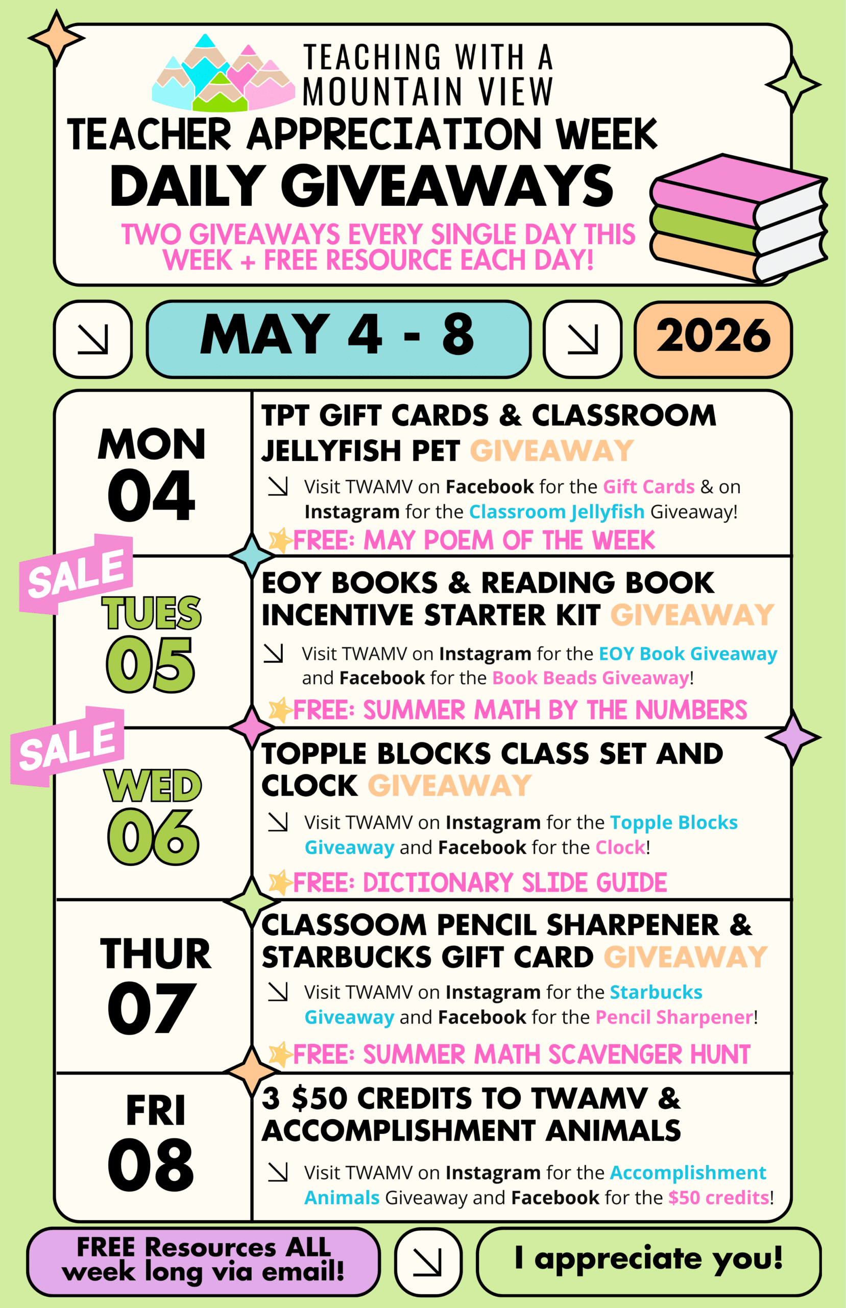 Teacher Appreciation Giveaway 2026! 1 Teacher Appreciation Schedule of Events